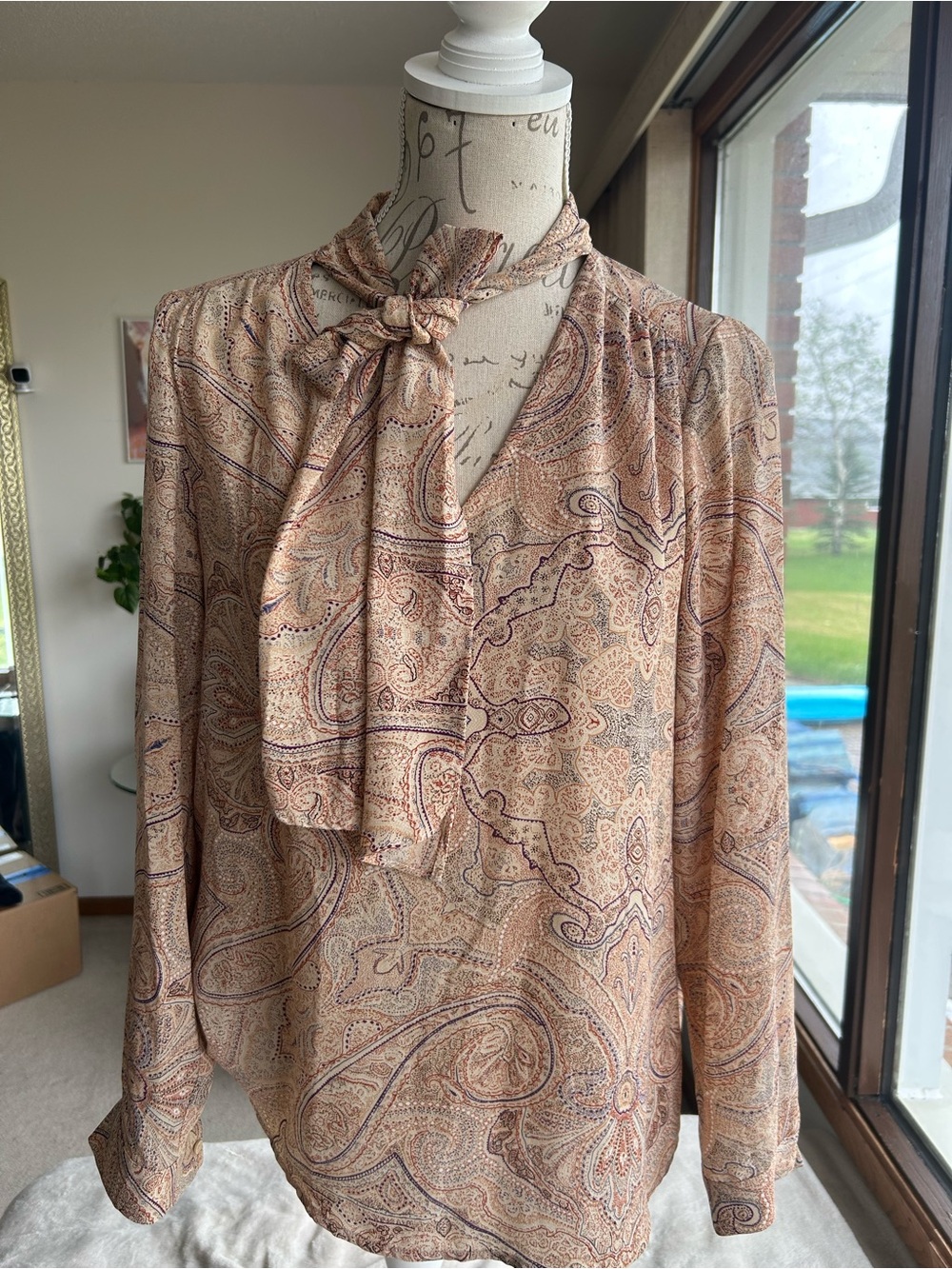 Lila Rose Paisley Tie-Neck Blouse in Beige and Mauve